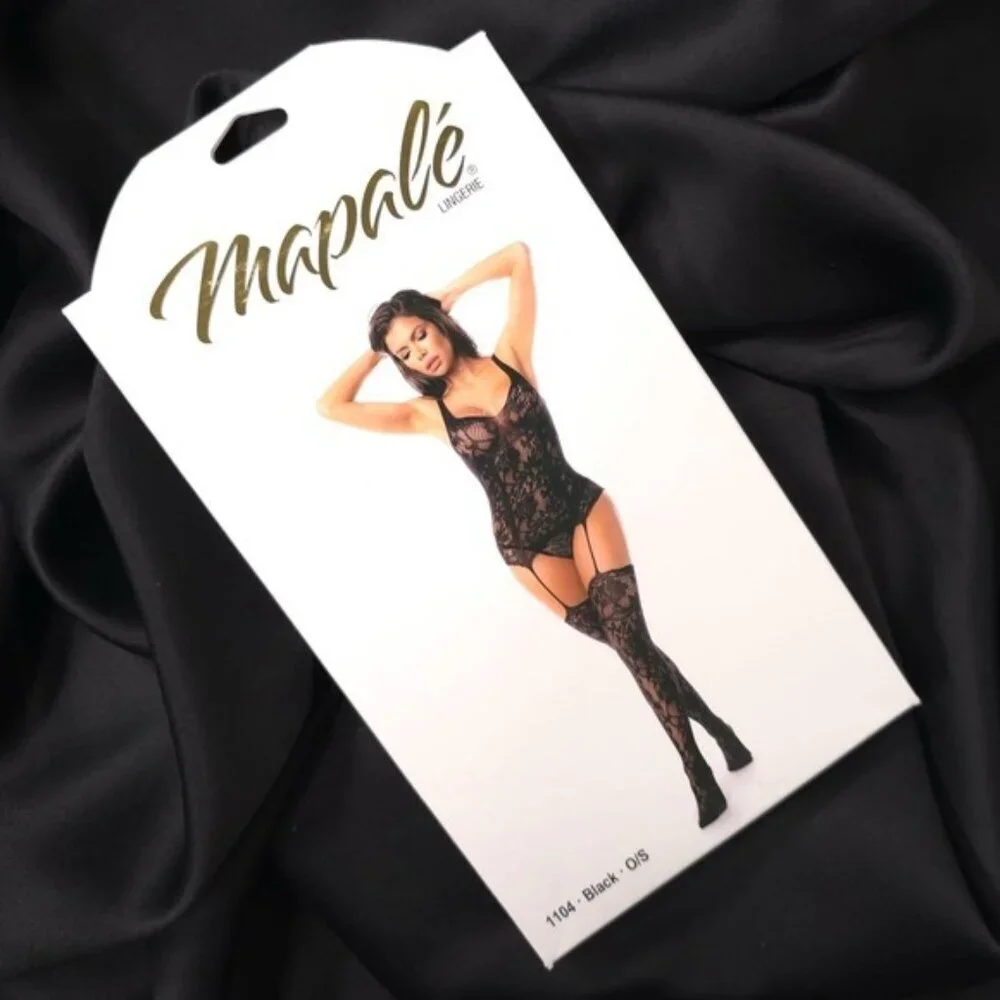 Mapale Lingerie Floral Fishnet‎ Bodice w/Attached Garters & Thigh High Stockings